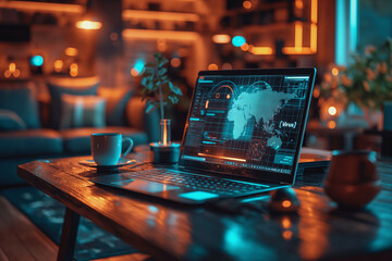 A laptop is open on a table with a cup of coffee next to it