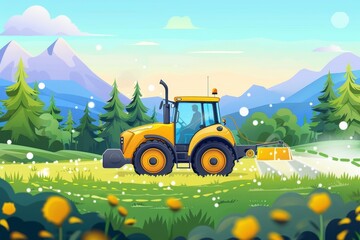 Wall Mural - Sunset farming  tractor irrigating, spraying, or harvesting crops with agricultural data infographic
