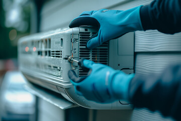 Poster - A man is fixing a broken air conditioner