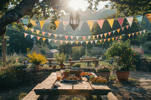 A Rustic Wooden Table Set Against The Backdrop Of A Garden Bathed In Sunlight, Decorated With Vibrant Bunting For A Festive Celebration