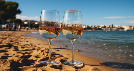 Wall Mural - Cheers for two glasses of white wine, blue beach background, summer, clear weather