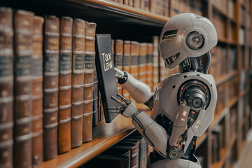 Poster - A robot is reaching for a book titled Tax Law