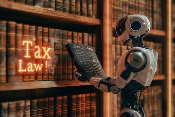 Poster - A robot is reading a book titled Tax Law