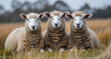 Wall Mural - three sheep sitting on the green lawn