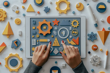 Poster - A tablet with a person's hand on it and a lot of different shapes and symbols