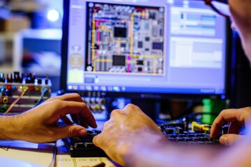 Two individuals working on computer with circuit board in background, focused on digital technology research and development