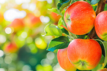 Wall Mural - Bunch of fresh ripe apples hanging on a tree in apple garden.