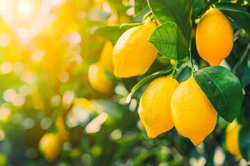 Wall Mural - Bunch of fresh ripe lemon hanging on a tree in lemon garden.