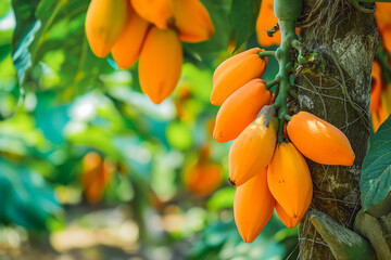 Bunch of fresh ripe papaya fruit hanging on a tree in papaya fruit garden.