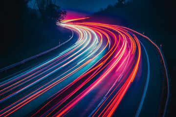 Wall Mural - Cars lights on the road at night time. Timelapse, hyperlapse of transportation. Motion blur, light trails, abstract soft glowing lines