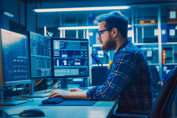 Electronics Factory: Caucasian Male Electrical Engineer Designs PCB Prototype, Works on Desktop Computer, uses CAD Software to Develop Microchips and Semiconductors. Modern Manufacturing Facility.