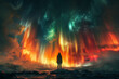 Abstract portrayal of human emotion as colorful auroras emanating from a silhouetted figure standing in a stark, monochromatic landscape