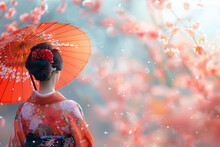 Asian Woman Wearing Japanese Traditional Kimono And Umbrella In A Cherry Blossom Garden On A Spring Day In Kyoto Japan, Illustration