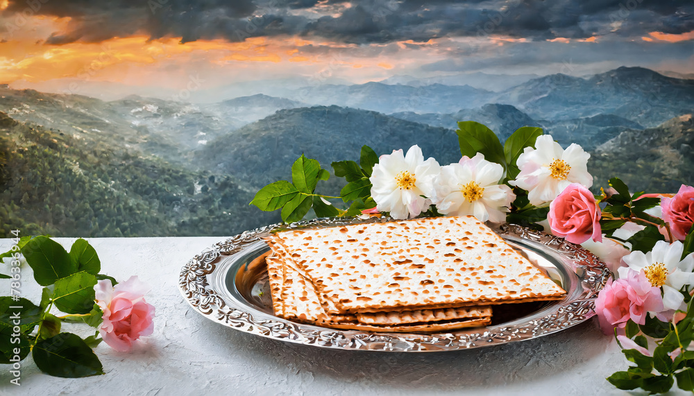 Matzah bread on a rustic wooden plank with flowers around at sunset ...