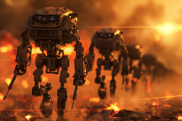 combat robots, illustrating the integration of robotics technology in modern warfare in high tech style.