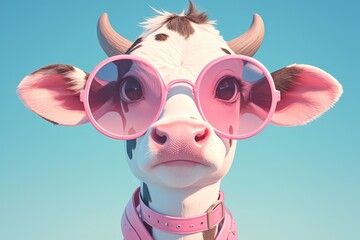 Wall Mural - black and white cow with pink sunglasses