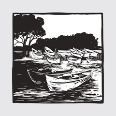 Wall Mural - Boats on the pier - landscape. Black and white posters in engraving style for interior or print, vector illustration, freehand drawing.