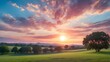 A gorgeous sunset with a full sun overhead. A landscape of verdant grass and trees encircles the sun. The blue and pink hues of the sky combine to create