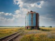 Prominent, rusty, old silo stands amidst serene, expansive landscape, with railroad tracks curving gently around its base. Sky above painted with fluffy clouds that cast soft shadows on ground below.