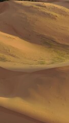 Wall Mural - aerial top view on sand dunes in gobi desert at sunset, mongolia. vertical video