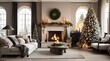 Beautiful fireplace and stylish living room decor with a Christmas tree