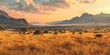 A panoramic scene of a hyena clan moving stealthily through the savanna, the ambient light of sunset casting a serene glow on the landscape and the distant mountains.