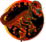 Fototapeta  - Dinosaurier Skelett Tyrannosaurus Rex Dino Fossil im Comic Stil gezeichnet rot gelb schwarz mit rundem schwarzenHintergrund