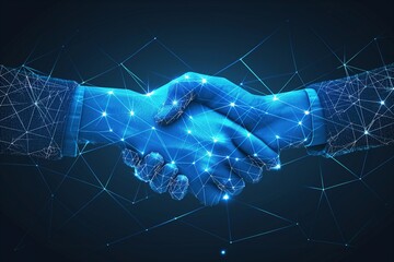 Digital handshake on blue technology background, business background, business success background, business contract, contract success banner, business background, ai