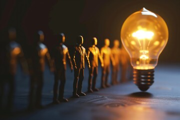 Miniature figures stand before a glowing light bulb as a concept of innovation