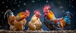 Colorful hens pecking in the dust on a picturesque farmstead in the serene countryside