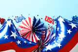 Fototapeta Mapy - 4th of July, Happy Independence Day Banner with American flag color balloons, paper fans, confetti on blue background.