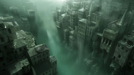 Wall Mural - A surreal depiction of a flooded cityscape with buildings partially submerged in water, creating a mysterious and eerie atmosphere.