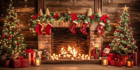 Wall Mural - Christmas Interior of festive living room with fireplace. Christmas socks with gifts on fireplace in living room. Festive New Year magic background