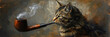 A cat is depicted in a painting, holding a smoking pipe in its mouth