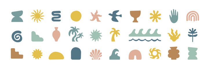 boho groovy palm tree beach sun sea stickers. surf club vacation and sunny summer day aesthetic. vec