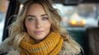 A realistic photo of a blond woman adjusting her scarf as she rides in a taxi on a chilly day