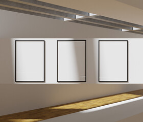 aesthetic and ciematic set of three frame mockup poster in the art gallery lit by sunlight