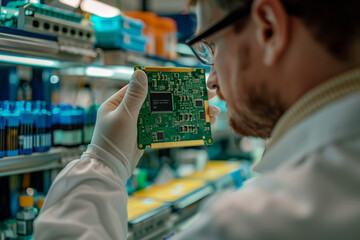 Aufkleber - Man Inspecting Circuit Board in Factory