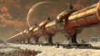 Futuristic train station on an icy planet with a large copper train and distant spaceships under an orange sky.