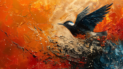  A vibrant abstract painting featuring a black bird in flight against a textured background of orange, red, and blue hues.