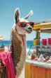 Stylish llama wearing shades at sunny beach ice-cream stand