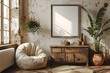 A mockup poster frame 3d render in a salvaged dresser, above a comfortable armchair, meditation room, Scandinavian style interior design, hyperrealistic