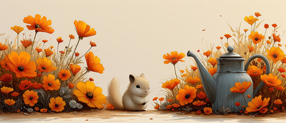 a painting of a squirrel and a teapot in the middle of a field of flowers