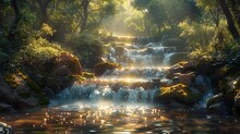 Focus On The Shimmering Surface Of A Sunlit Stream As It Cascades Over Moss-covered Rocks, The Rushing Water Blurring The Reflections Of Overhanging Branches And Dappled Sunlight.
