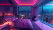 A bedroom with purple lighting and a view of a city at night.

