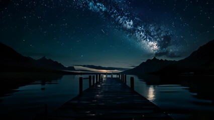 Wall Mural - Video animation of breathtaking night landscape featuring the Milky Way arcing across the sky. A wooden dock leads into a still lake