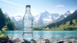 Bottle of water with mountains and mountain lake at background