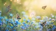 Natural background of forget-me-nots, butterflies, green grass and bokeh