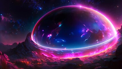 Wall Mural - Video animation of Cosmic Vista depicts a vibrant cosmic scene with a large celestial body and a mountainous landscape under a star filled sky