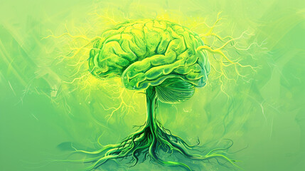 Spring green background hosts a vivid brain tree with flourishing thoughts.